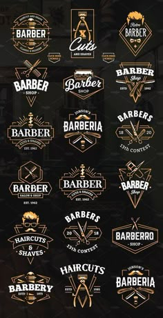 a bunch of different types of logos on a black and white background with gold trimmings