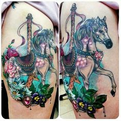 two pictures of a horse with flowers on it's thigh and the other side