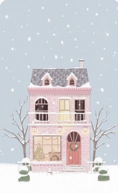 a pink house with snow falling on the ground