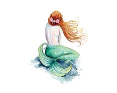 a watercolor painting of a mermaid with long hair sitting on top of a rock