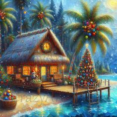 a painting of a cabin by the water with christmas decorations on it and a lit up tree