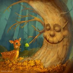 a painting of a smiling face next to a tree with leaves on it and a deer in the foreground