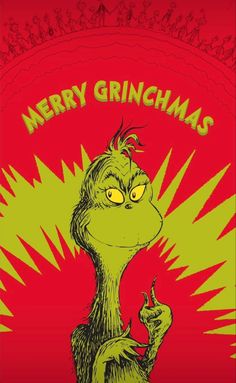 an image of the grin face on a red background with green and yellow text that reads merry grinmas