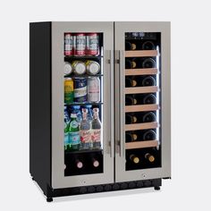 a refrigerator with two doors open and bottles in the door, both filled with drinks