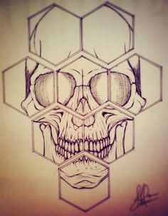 a drawing of a skull with three hexagons on it's face