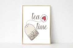 a tea time poster hanging on a wall next to a white shelf with a red and black cup