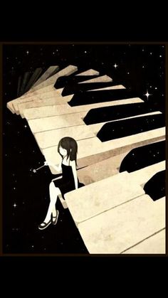 a woman sitting on top of a piano keyboard in front of the moon and stars