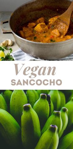 there are bananas and curry in the pan next to each other with text overlay that reads vegan sancocho