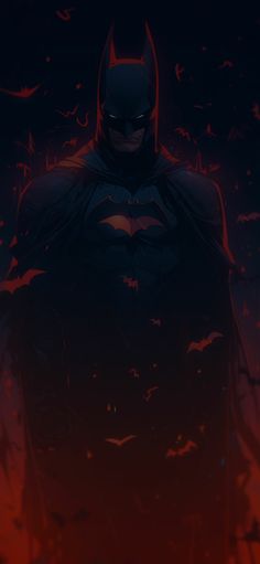 a batman standing in the dark with bats all over it's face and chest