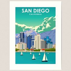 Lightly textured 100% cotton paper. Gallery quality vibrant prints with white border for easy framing. Multiple standard sizes offered. Additional sizes are available. This San Diego travel poster captures the vibrant and sunny energy of Southern California's coastal city, with its iconic beaches, palm trees, and stunning sunsets. The vintage and retro design adds a touch of nostalgia and adventure to your home decor. Hang it on your wall and let it inspire your next beach getaway or remind you of your past travels to this beautiful destination. Minimal Travel, Coastal City, San Diego Travel, California Coastal, Beach Getaway, Coastal Cities, Poster Art Print, Beach Getaways, San Diego California