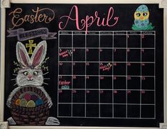 a chalkboard calendar with an easter bunny on it