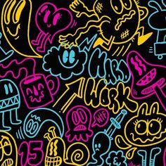 an image of neon colored graffiti art on black background with white outlines and colors