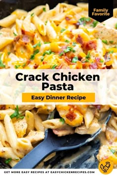 a skillet filled with pasta and chicken in a creamy sauce that is ready to be eaten