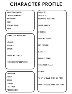 Character Bio Template, Character Profile Template, About Character, Character Bio, Profile Template