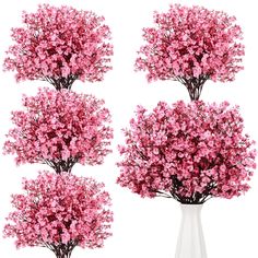 four pink flowers in a white vase on a white background with three smaller ones behind them