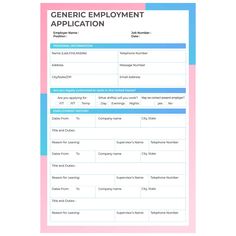 the generic employment application form is shown in blue, pink and green colors with an image of