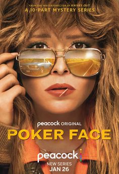 the movie poster for poker face, featuring a woman with sunglasses on her head and an orange