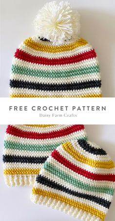 two crocheted hats with the words free crochet pattern on top and bottom