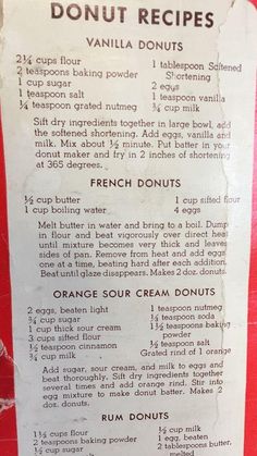 an old recipe for french cream doughnuts on a red tablecloth with white writing