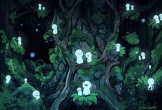 an animated forest scene with trees and glowing figures