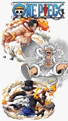 one piece characters are depicted in this graphic art style, with flames coming out of their hands