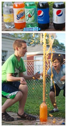 two boys are playing with soda bottles in the yard and one boy is trying to make something yellow