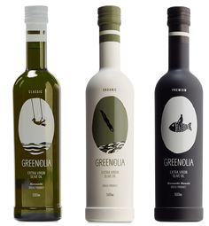 three different types of wine bottles with labels on them, one is green and the other has white