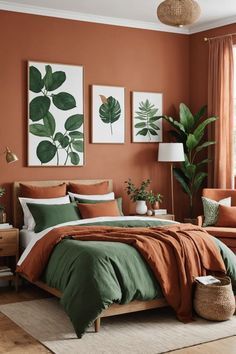 an orange and green bedroom with plants on the wall, bed in front of window