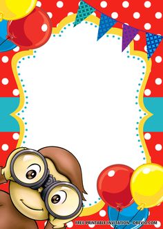 a birthday card with a monkey holding a magnifying glass in front of balloons