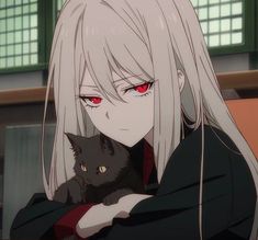 an anime character holding a cat with red eyes