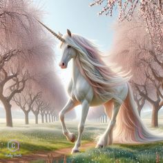 a painting of a white unicorn running in the grass with trees and flowers behind it