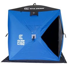 an open blue tent with the word clam on it's front and side