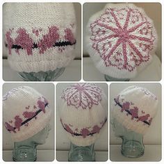 four pictures of different hats with pink and white designs on them, one is knitted