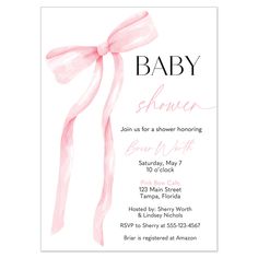 a baby shower is shown with pink ribbon on the front and back of the card