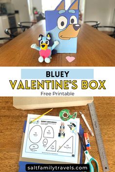 bluey valentine's box with free printable paper and scissors on the table