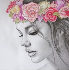 a drawing of a woman with flowers in her hair and eyes closed, wearing a flower crown