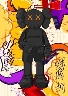 a black teddy bear standing on top of a skateboard with graffiti in the background