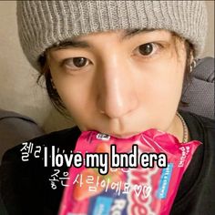 a person with a bag of candy in front of their face and the words i love my bird era written on it