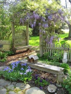 an outdoor garden with stone benches and purple flowers