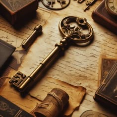 an old key is laying on top of some antique books and other items that are scattered around it