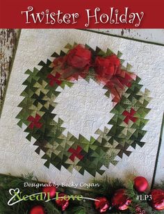 a book cover with a christmas wreath on the front and red poinsettis in the background