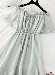 Cute Off-shoulder Summer Dresses, Summer Off-shoulder Solid Color Dress, Cute Summer Dresses In Solid Color, Light Green Midi Dress For Summer, Green Chiffon Summer Dress, Cute Solid Color Summer Dresses, Solid Off-shoulder Summer Dresses, Light Green Midi Dress For Spring, Green Chiffon Short Sleeve Dress