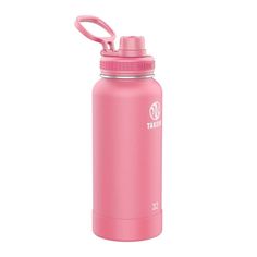 a pink stainless steel water bottle on a white background