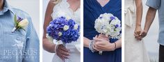 four different pictures of people wearing blue and white outfits, one holding a flower bouquet