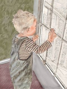 a drawing of a young boy looking at a map on a window sill in front of him