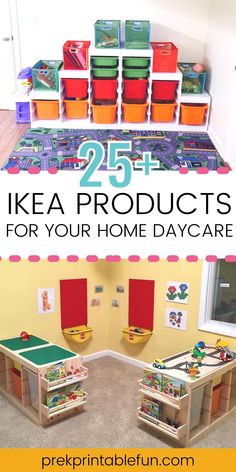 kids's playrooms with toys and storage boxes on the floor in front of them