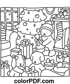 christmas coloring pages for kids with santa and his family around the tree in black and white