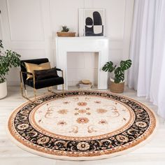 a living room with a rug and chair