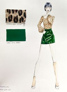 a drawing of a woman's outfit with leopard print and green velvet pencils