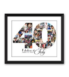 a framed photo with the number forty in it's center, surrounded by many photos